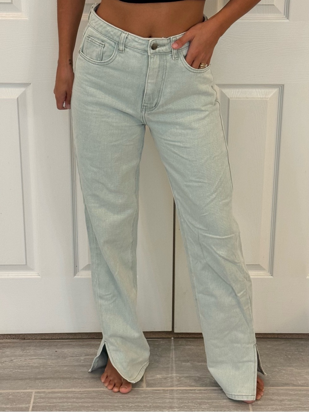 PrettyLittleThing Sage Green Split Hem High-Rise Jeans